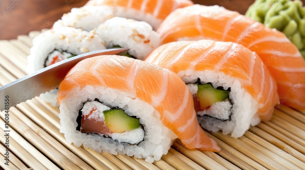 Chef cutting sushi rolls with a sharp knife on a bamboo mat, preparing fresh sushi for serving Chef cutting sushi rolls with a sharp knife on a bamboo mat, preparing fresh sushi for serving