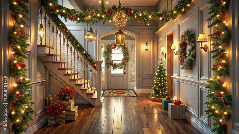 Fototapeta premium beautifully decorated hallway adorned with Christmas garlands, lights, and festive tree