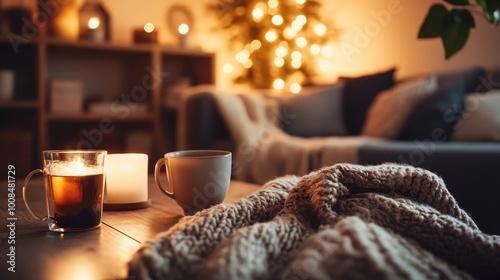 Cozy Winter Evening with Hot Drinks and Festive Lights