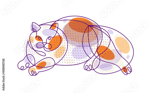Fat and lazy cat line art vector illustration, linear drawing of pussycat relaxing, minimal outline sketch of cute domestic pet.