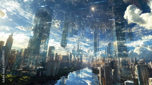 A vast futuristic city made entirely of shimmering glass, suspended in mid-air, with towering skyscrapers reflecting the sun's rays.