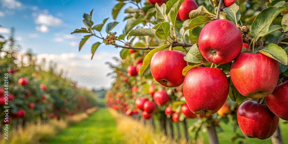 Obraz premium A Rows of Ripe Apples Gleam in the Afternoon Sun, Their Red Skins Catching the Warm Light, While the Orchard's Lush Green Foliage Provides a Beautiful Backdrop
