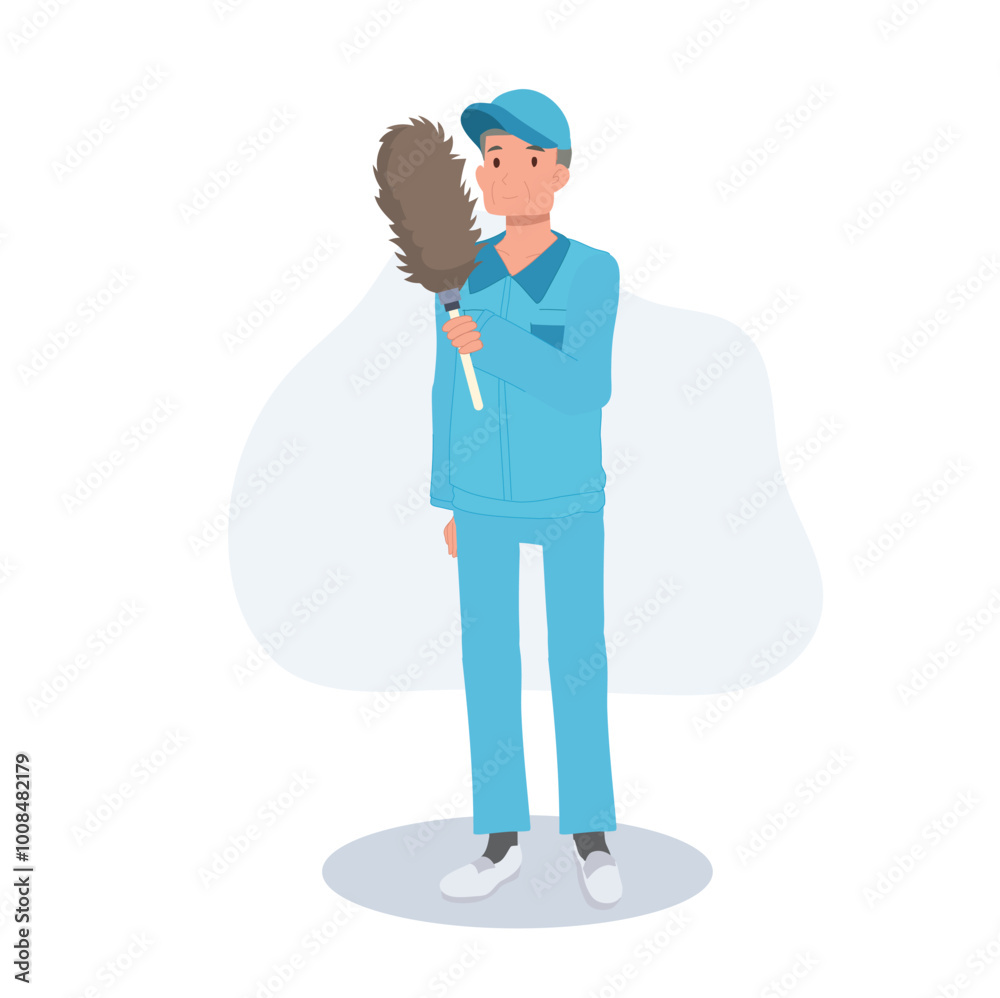 Male Cleaning Worker , janitor in Blue Uniform with Feather Duster. Male Cleaning Worker , janitor in Blue Uniform with Feather Duster.