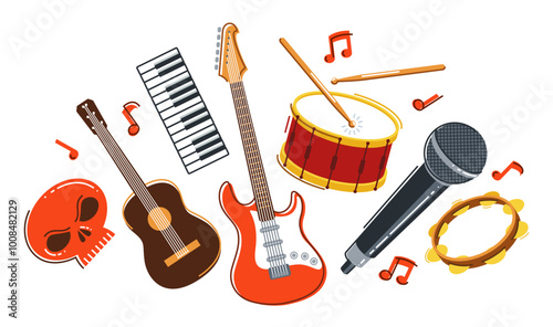 Rock music band vector flat illustration isolated over white background, hard rock and heavy metal live sound festival or concert, rock n roll musical band playing, night club party.