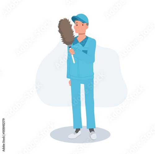 Male Cleaning Worker , janitor in Blue Uniform with Feather Duster.