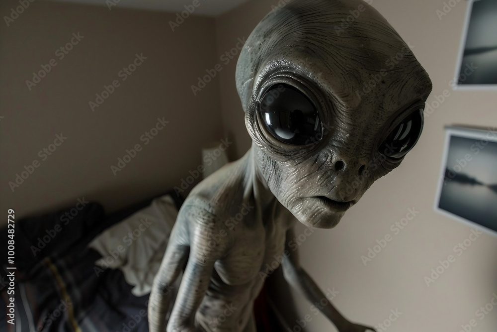 UFO space visitor alien on Earth living human life with everyday routine staff, Generative AI