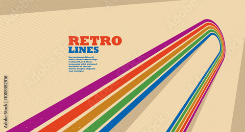 Linear vector abstract background in all colors of rainbow, retro style lines in 3D dimensional perspective, vintage poster art.