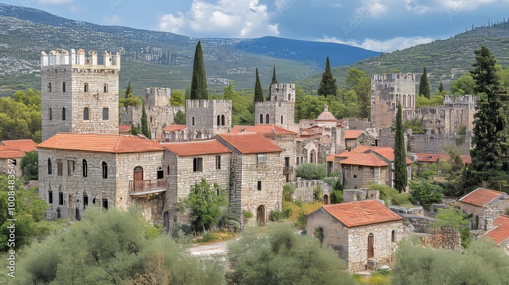 Historic Stone Village With Fortified Walls And Towers Nestled In Mountains In Greece Historic Stone Village With Fortified Walls And Towers Nestled In Mountains In Greece