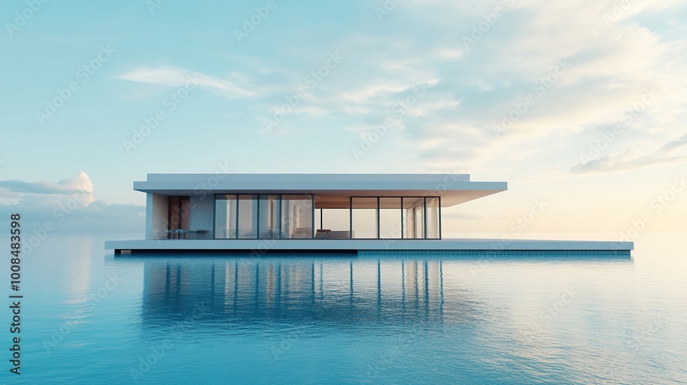 Modern house on water at sunset. Modern house on water at sunset.
