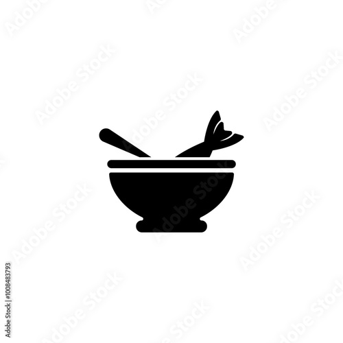 Elegant icon of a bowl with soup and fish, perfect for restaurant menus.