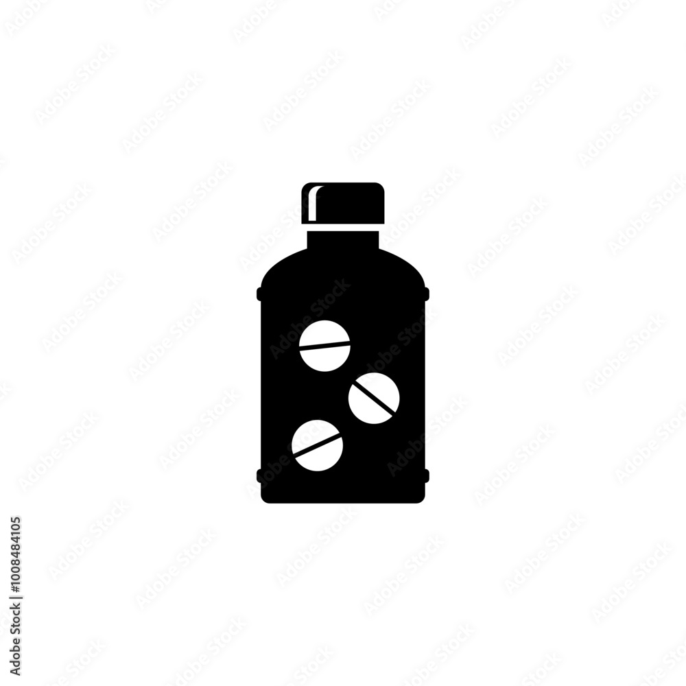 Black vector icon of a medication jar with visible tablets. Black vector icon of a medication jar with visible tablets.