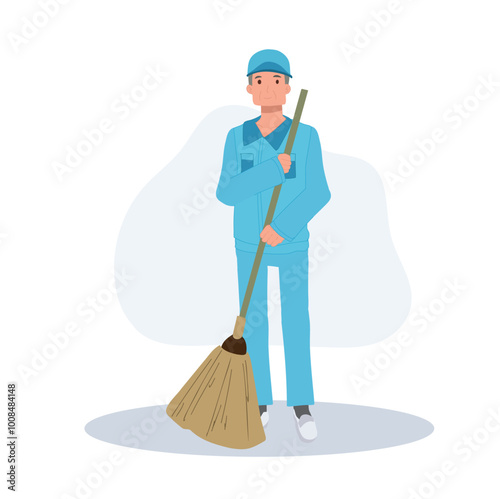  Male Cleaner, janitor in Blue Uniform Holding a Broom