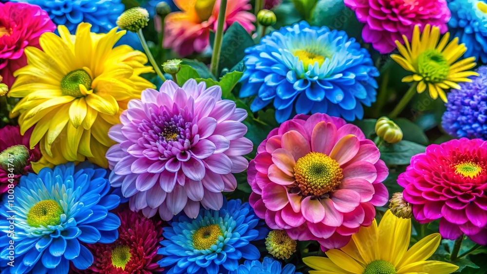 Fototapeta premium A vibrant tapestry of blooming flowers in hues of yellow, blue, pink, and red, showcasing nature's artistry and the beauty of diverse blossoms.
