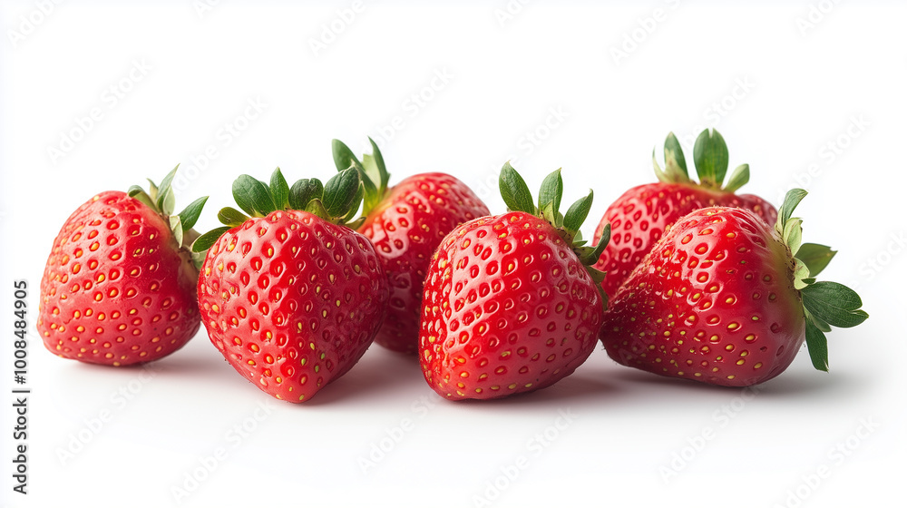 Fresh strawberries with green leaves on white background. vibrant red color and juicy texture make them look delicious and inviting. Fresh strawberries with green leaves on white background. vibrant red color and juicy texture make them look delicious and inviting.