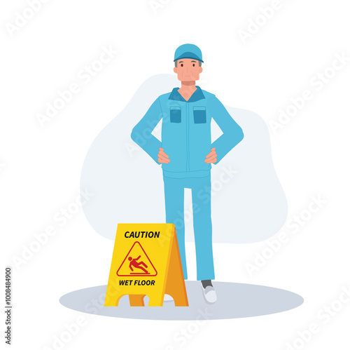 Cartoon Illustration of Male Cleaner,janitor in Blue Uniform Holding Caution Wet Floor Sign for Workplace Safety.