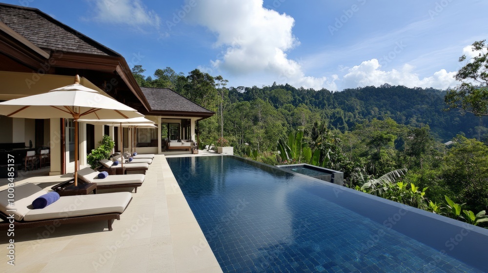 Luxurious villa with infinity pool overlooking lush green mountains. Luxurious villa with infinity pool overlooking lush green mountains.