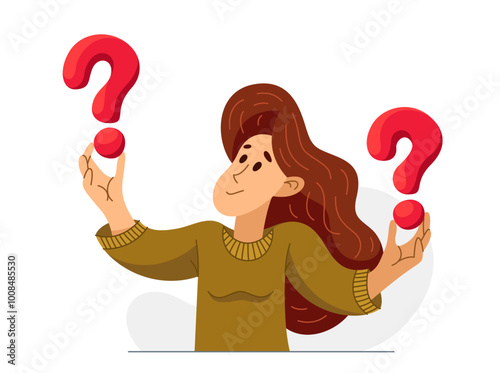 Young woman having a doubt and question, vector illustration of a person who is hesitating and thinking about some problem, decide uncertainty.