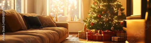 Cozy Christmas Living Room with Lit Tree Gifts and Warm Lighting