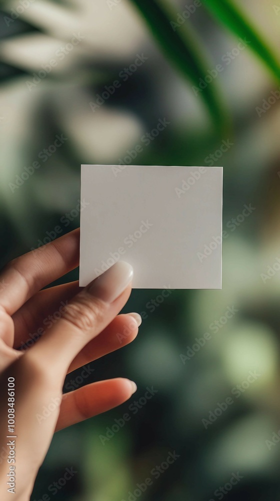 Hand holding a blank white card against a green foliage background Hand holding a blank white card against a green foliage background