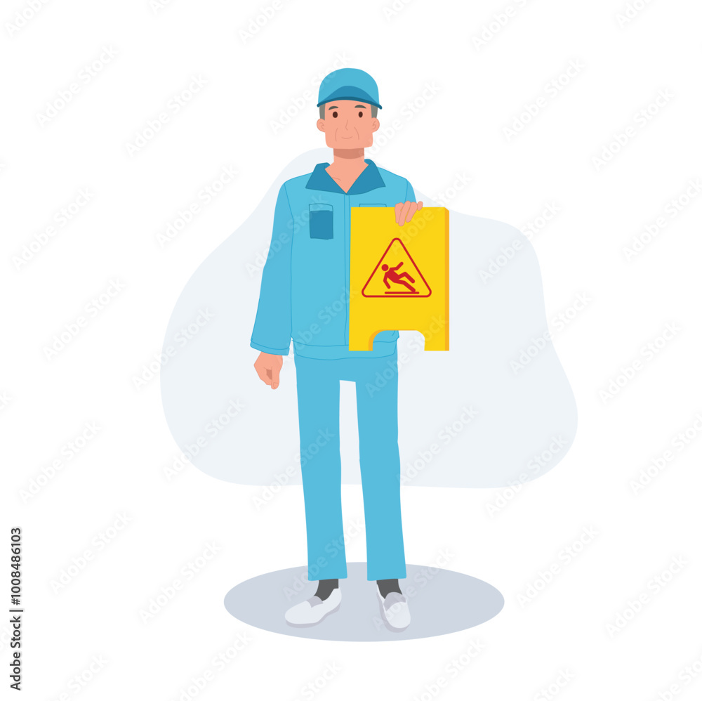 Cartoon Illustration of Male Cleaner,janitor in Blue Uniform Holding Caution Wet Floor Sign for Workplace Safety. Cartoon Illustration of Male Cleaner,janitor in Blue Uniform Holding Caution Wet Floor Sign for Workplace Safety.