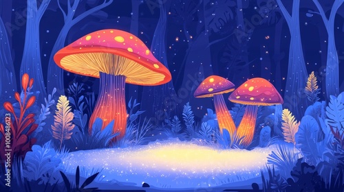 Magical glowing mushrooms in a dark forest with fireflies.