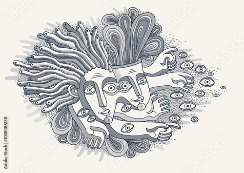 Abstract face vector art, illustration of face stylized artistic style, human abstraction art, surreal and bizarre portrait.