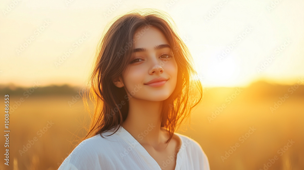 young woman smiles gently in golden field during sunset, radiating warmth and tranquility. soft sunlight enhances her natural beauty, creating serene atmosphere. young woman smiles gently in golden field during sunset, radiating warmth and tranquility. soft sunlight enhances her natural beauty, creating serene atmosphere.