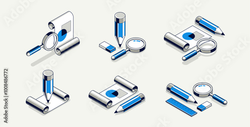 Engineering project concept, paper document blueprint with pencil engineer work job vector 3D isometric illustration, abstract plan drawing, cad scheme icon.