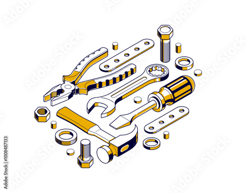 Repair and maintenance concept, technics service, gears and tools in 3D isometric projection vector illustration, technical mechanical workshop.