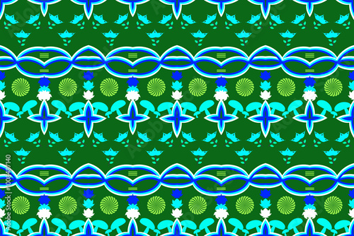 Blue and Green Abstract Tribal Floral Pattern 
