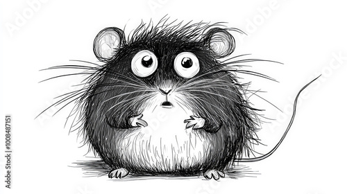 A black-and-white ink cartoon of a frazzled, nervous hamster. Generative AI