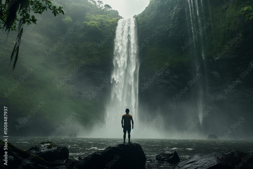 Obraz premium AI generated image of a happy man enjoying beautiful nature and waterfall