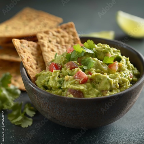 Bowl of fresh guacamole with a side of whole grain crackers, brain-boosting snack, healthy and delicious.