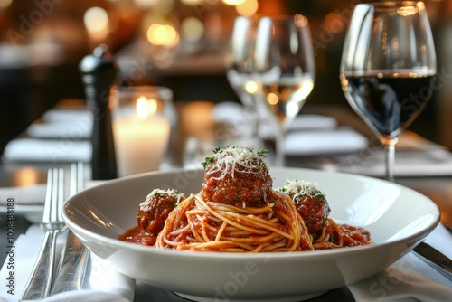 Spaghetti con Polpette: Spaghetti served with Italian meatballs in a rich tomato sauce, a beloved comfort food thatâ€™s hearty and satisfying - generative ai