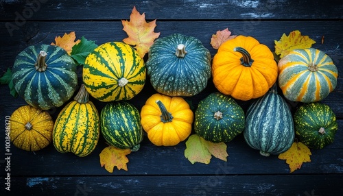 Autumnal Bounty Collection of Colorful Pumpkins and Gourds on Rustic Wood for Fall Celebration photo