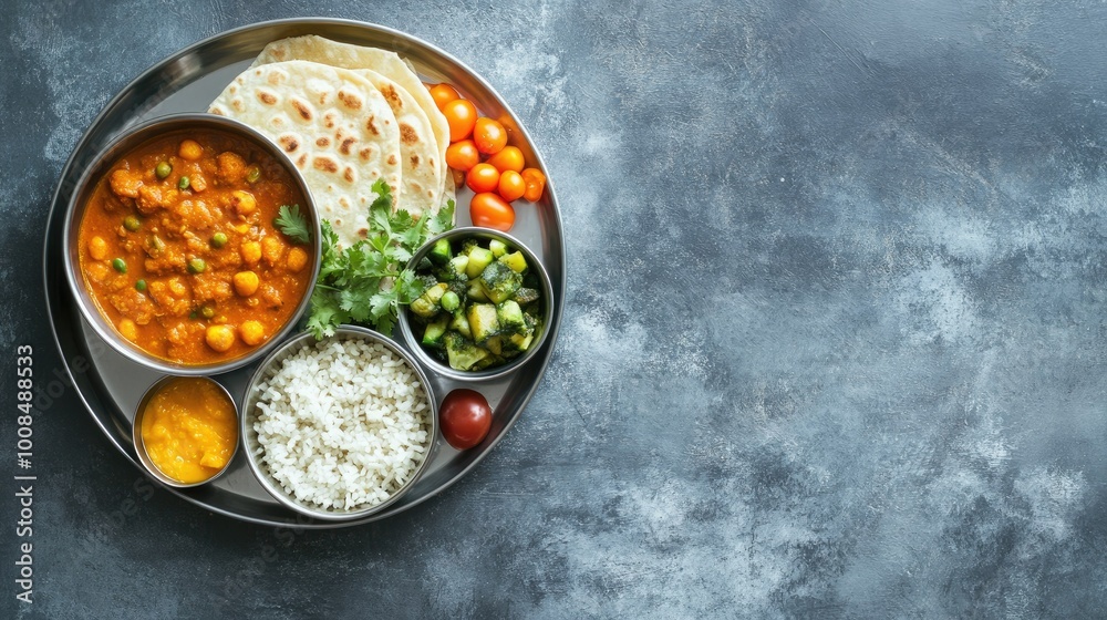 A nutritious school meal of chapati, curry, and vegetables for kids in India, with ample copy space. A nutritious school meal of chapati, curry, and vegetables for kids in India, with ample copy space.