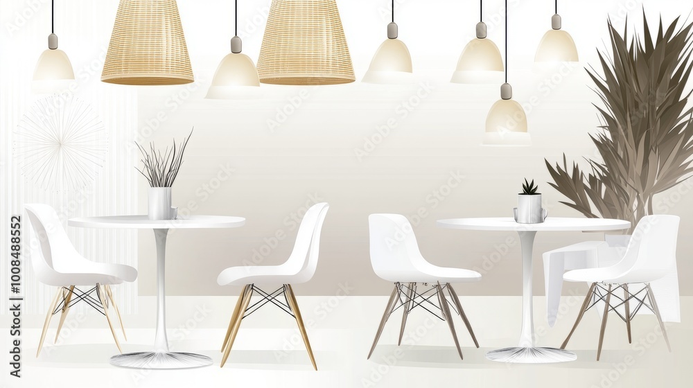 Minimalist cafe interior with white tables and chairs, light wood accents, and hanging lamps. Minimalist cafe interior with white tables and chairs, light wood accents, and hanging lamps.