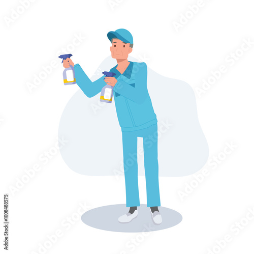 Male Cleaning Worker,Janitor in Blue Uniform Holding Cleaning Spray