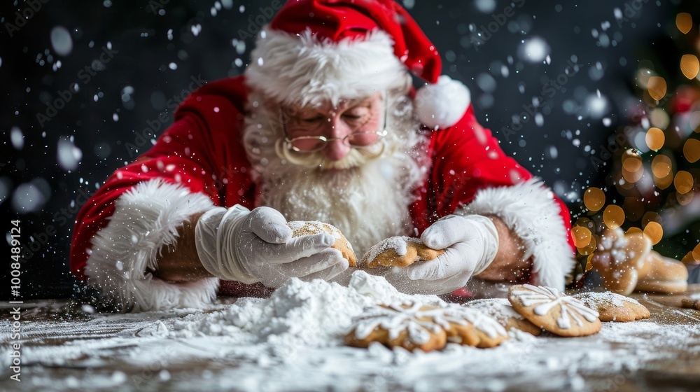 Santa Claus Baking Christmas Cookies A Festive Scene with Snowfall and Holiday Cheer. Santa Claus Baking Christmas Cookies A Festive Scene with Snowfall and Holiday Cheer.