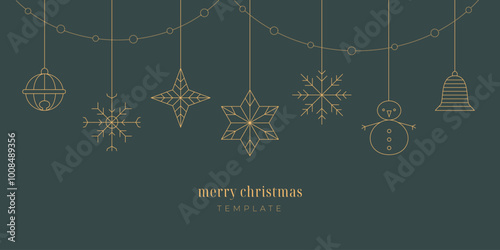 Holiday golden baubles, snowflake, ball, bell, garland. New year banner, card. Christmas hanging on green background
