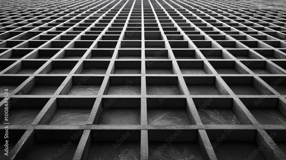 A lattice of thick, white lines on dark gray tiles, intersecting at perfect intervals, creating a grid-like structure with strong visual geometry. A lattice of thick, white lines on dark gray tiles, intersecting at perfect intervals, creating a grid-like structure with strong visual geometry.