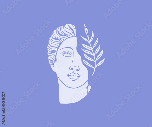 Marble Greek head figure in flat style. Greece, statue, design for print. Hand drawn vector illustration.