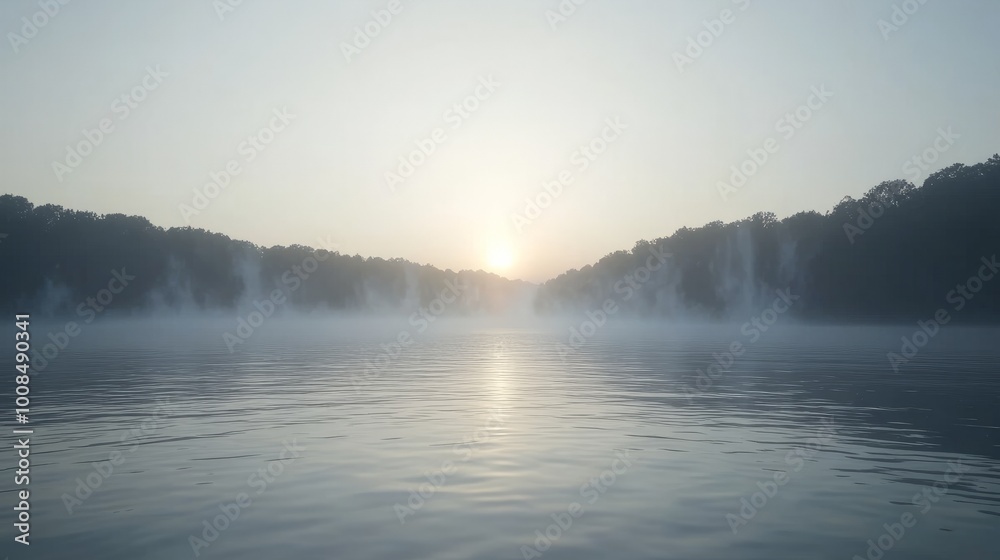 Fototapeta premium Misty sunrise over a calm river with trees on either side.