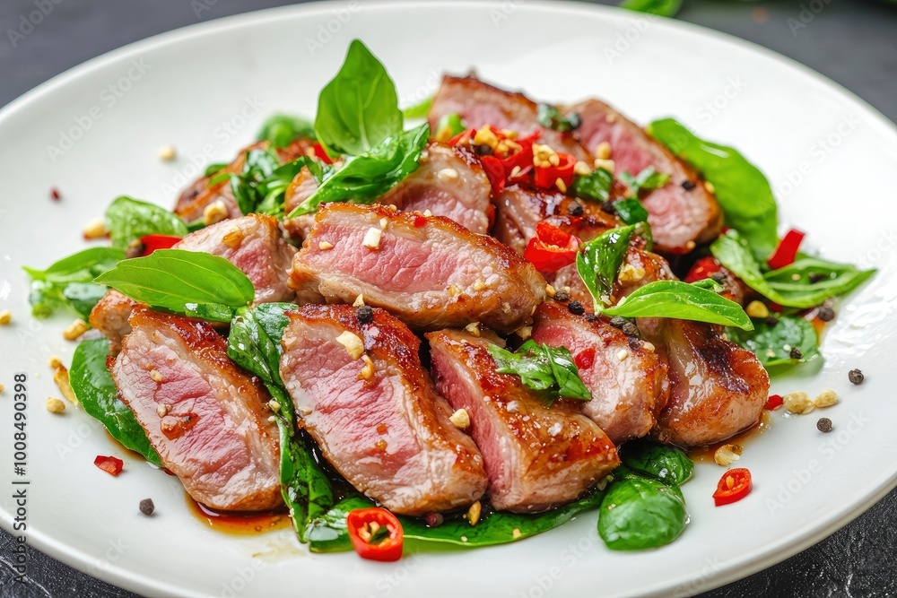 Stir Fried slice duck breast meat with Thai Basil leave in white plate.asian spicy food - generative ai Stir Fried slice duck breast meat with Thai Basil leave in white plate.asian spicy food - generative ai