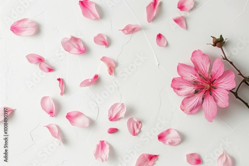 Beautiful pink gerbera daisy surrounded by delicate petals in a floral flat lay showcasing nature-inspired beauty and vibrant colors






