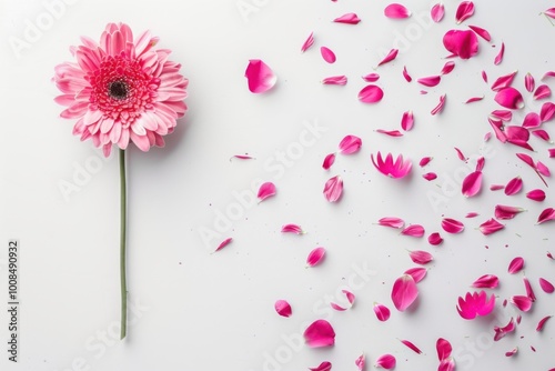 Beautiful pink gerbera daisy surrounded by delicate petals in a floral flat lay showcasing nature-inspired beauty and vibrant colors






