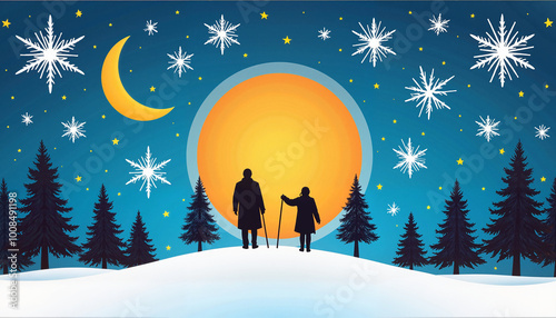 Winter solstice card featuring a couple standing together under a large sun and surrounded by stars and trees