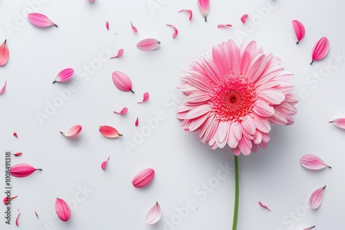 Beautiful pink gerbera daisy surrounded by delicate petals in a floral flat lay showcasing nature-inspired beauty and vibrant colors






