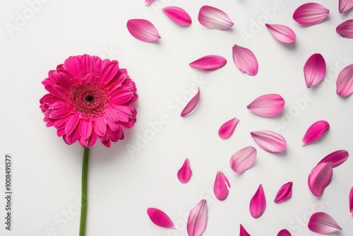 Beautiful pink gerbera daisy surrounded by delicate petals in a floral flat lay showcasing nature-inspired beauty and vibrant colors






