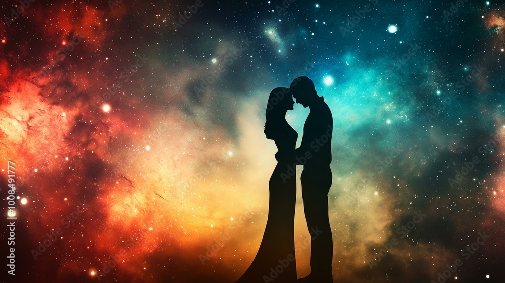 Silhouette of a Couple Embracing Against a Cosmic Starry Sky, Symbolizing Love and Spiritual Connection